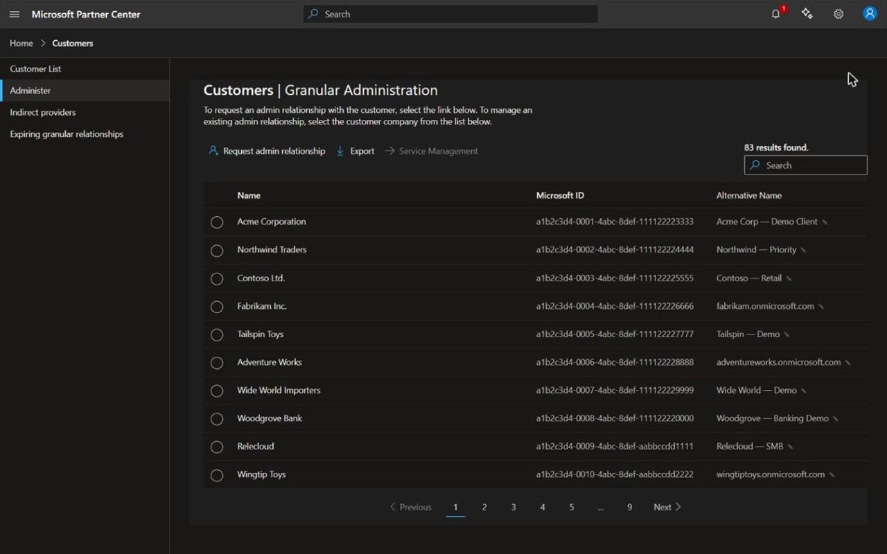 The GDAP customer list with an extra Alternative Name column showing custom labels and primary domains
